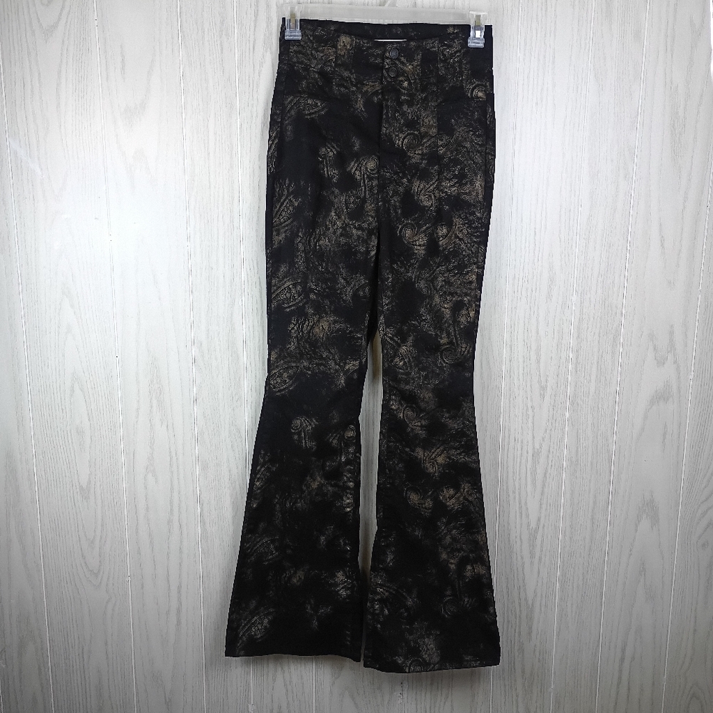 We the Free Jayde Print Black gold flare high rise pant trousers sz 31